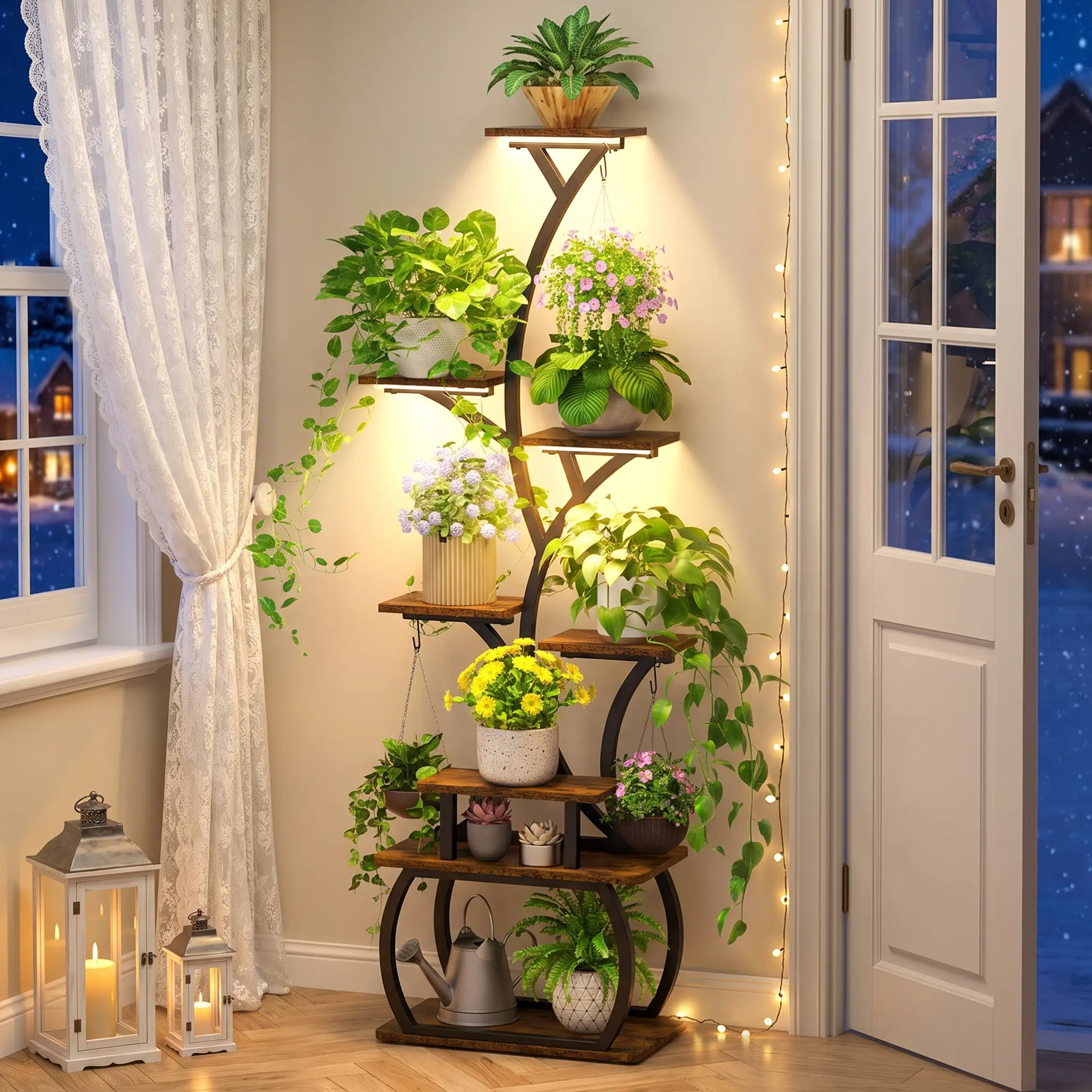 Plant Stand with Grow Light, 8-Tier Tall Plant Shelf Indoor, Plant-Shaped | 3 Full-Spectrum LED Grow Lights with Timers & Modes,Holds 3 Hanging Plants,62"Large Corner Plant Stand for Home,Patio
