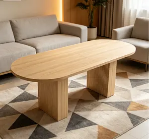 Natural Finish Oval Pedestal Dining Table for 6 People, 62.9" Farmhouse Kitchen Table with Wood Strip Base, Large Dining Table for Home Living Space