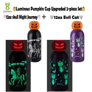 【Yawbay】Novelty Christmas Gift: Glowing Pumpkin Lid Thermos Cup, 12oz Insulated Tumbler with Spooky Bat & Ghost Patterns, Halloween Themed Drinkware for Fun Cover Flasks Luminous Portable