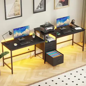 93'' Two Person Gaming Desk with  Station, Long Desk with 3 Drawers and Printer Shelf, Double Computer Desk, 2 Person Writing Study Table Workstation for  Office, Black