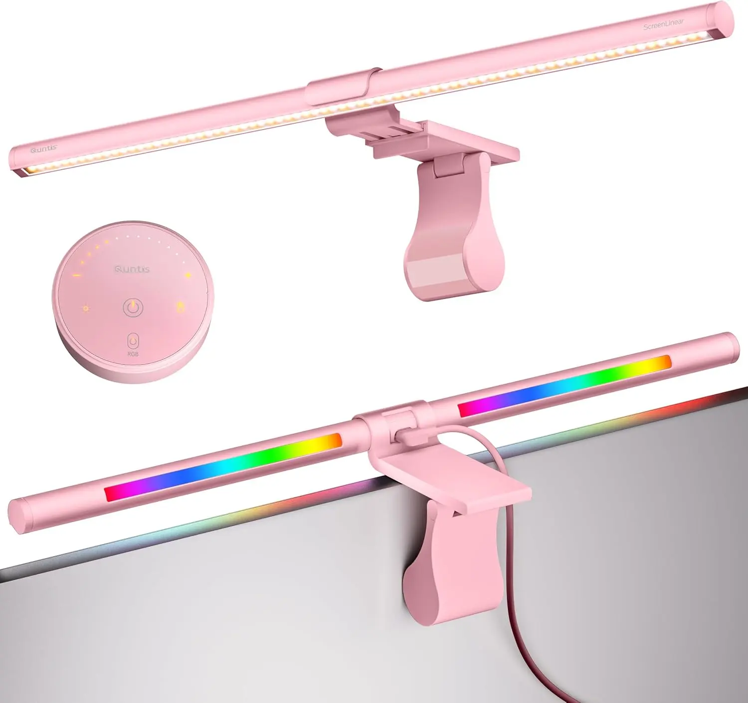 Quntis Pink LED Monitor Light Bar 20 Inch RGB Backlight Eye-Care Ra95 Lighting Wireless Remote No Glare Upgraded Clip for All Monitors 15 Models Aesthetic Desk Lamp 216 Adjustable Rgb Lighting