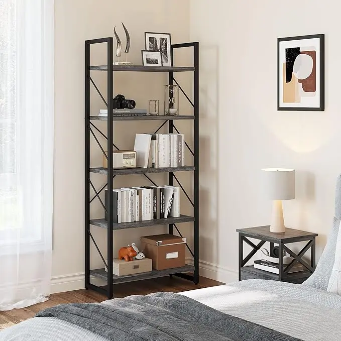 DWVO 5 Tiers Bookshelf, Industrial Artsy Grey Bookcase Bookshelves, Book Rack, Storage Rack Shelves Books Holder Organizer for Books Movies in Living Room Home Office, Charcoal Gray + Black