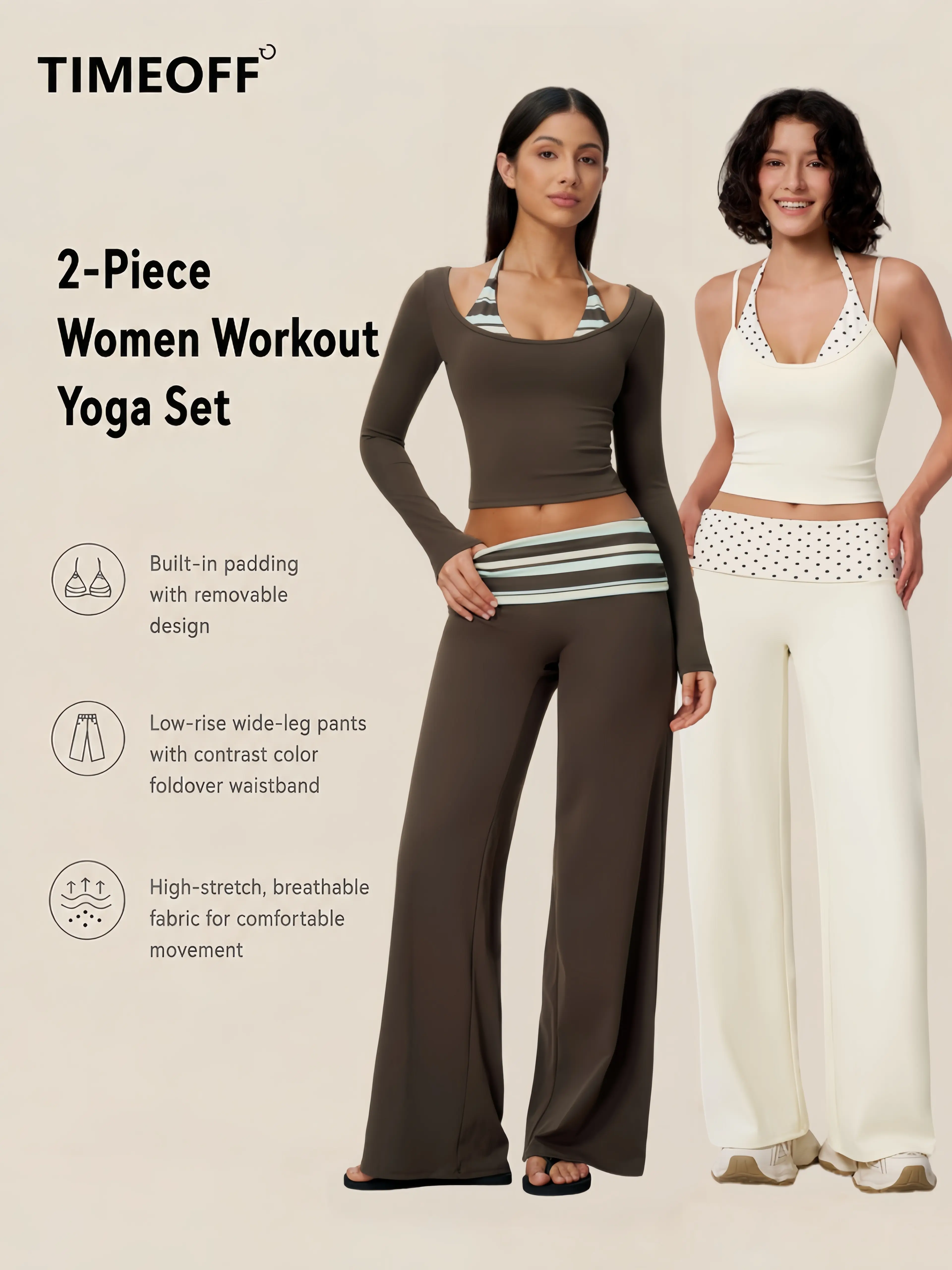 TIMEOFF Women's 2 Piece Halter Tank Top & Fold Over Waist Capri Leggings Workout Set, Polka Dot Splicing, Stretchy Soft Fabric, Anti Slip Waist, Breathable Fit, Gym Workout Apparel, Great for Yoga & Daily Casual Wear, 2 Piece Sets
