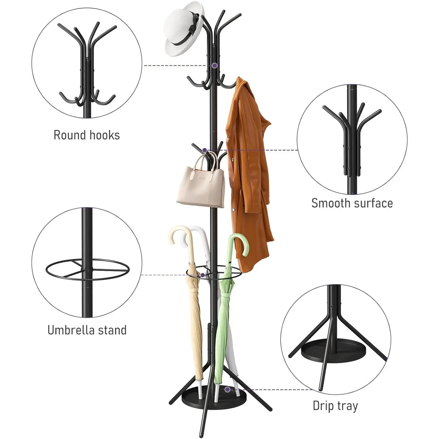 Freestanding Coat Rack with Umbrella Holder – 12-Hook Metal Hall Tree for Entryway & Bedroom – Space-Saving Floor Stand