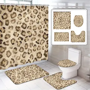 Leopard Print Shower Curtain Set, Includes 12 Hooks, Bath Mat, U-Shaped Floor Mat, Toilet Seat Cover, Bathroom Decor, Home Accessories