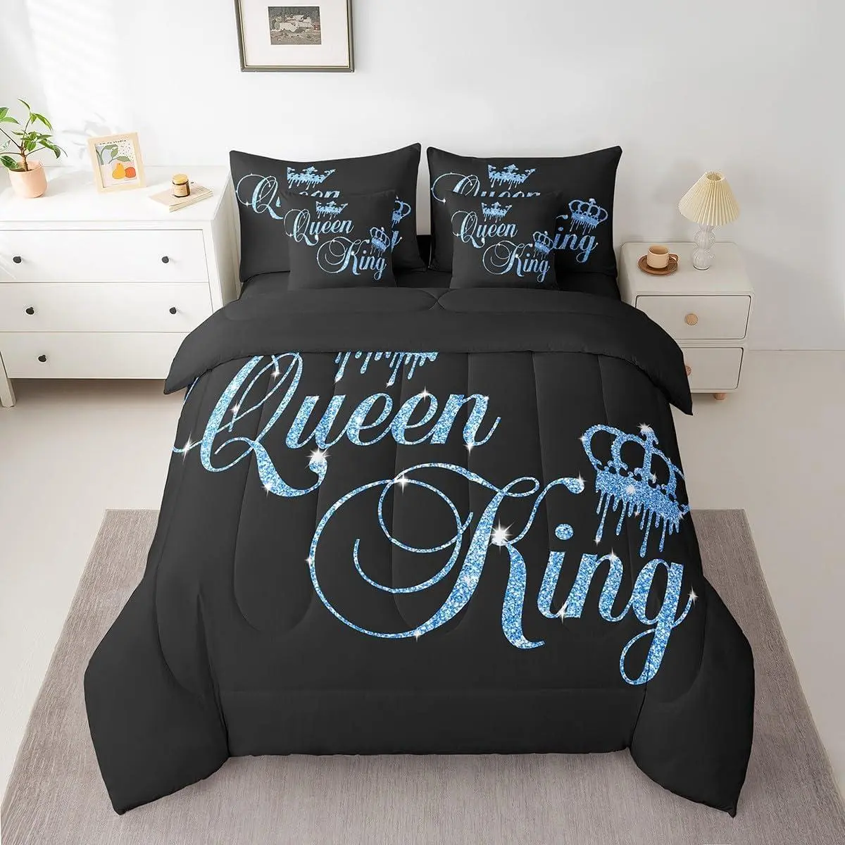 Crown and Couple Bedding Set His and Hers Bed in a Bag for Teens Women Men Black Navy Blue ,Lover Romantic Valentine's Day Decorations Bed Set All Season(No Glitter)