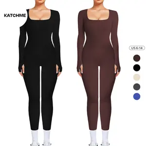 KatchMe Athletic Solid Color U Neck Seamless Thumb Holes Yoga Jumpsuit, Minimalist Long Sleeve Jumpsuit for Spring & Fall, Plain Shaping Sportswear（US）