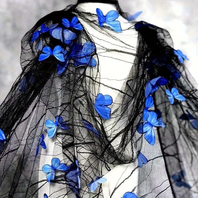 1PC Black Sheer Mesh Tulle Cut Fabric - Lightweight, Airy, Transparent Flat Woven Draping Net Cloth with 3D Vivid Blue Butterfly Applique, DIY Sewing Material for Dark Fantasy Fairy Gown, Gothic Glam Cosplay, Indoor Photoshoot (Ideal for Craft Lovers), Co