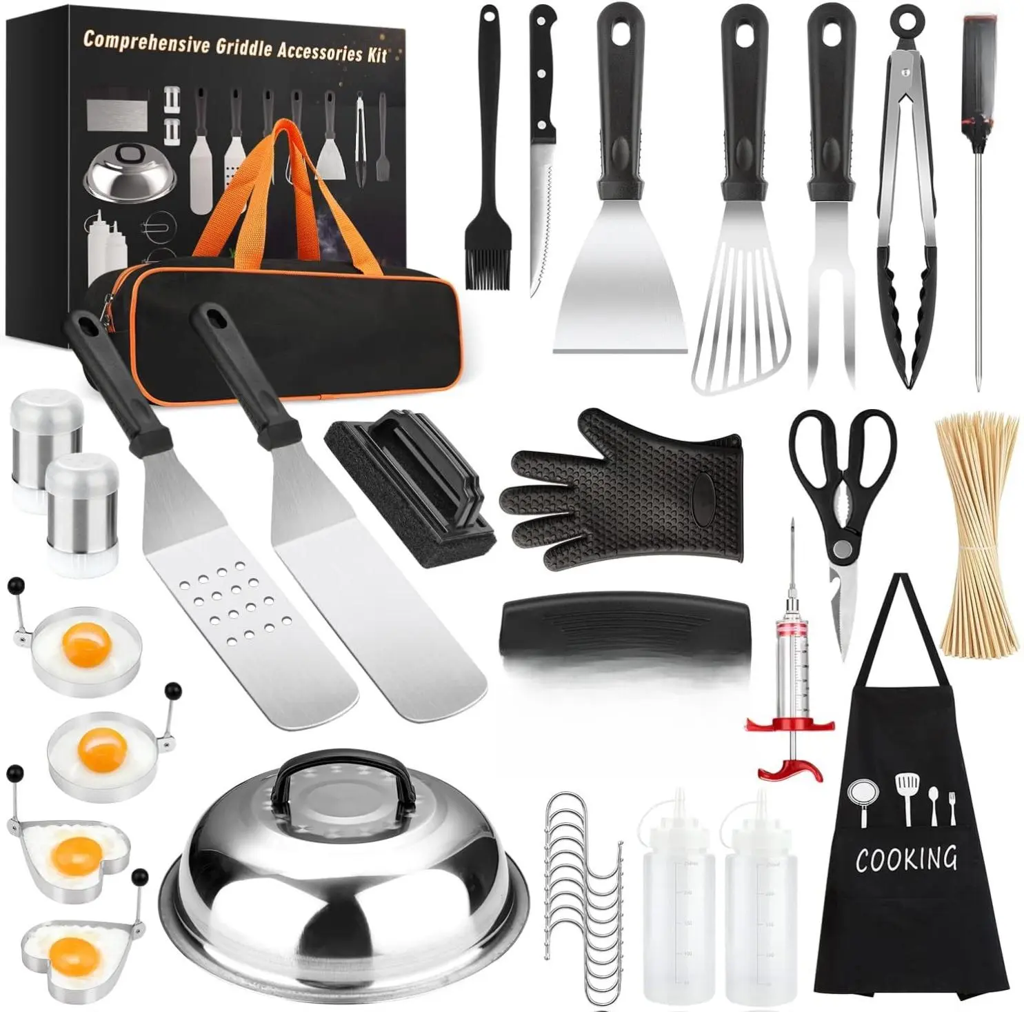 135 Pcs Premium Stainless Steel Griddle Accessories Kit for Blackstone & Camp Chef. Includes spatulas, scraper, basting cover, tongs, egg rings, bottles, scissors, thermometer, injector, skewers, apron, brush, bag, hooks. Dishwasher safe Fork Set