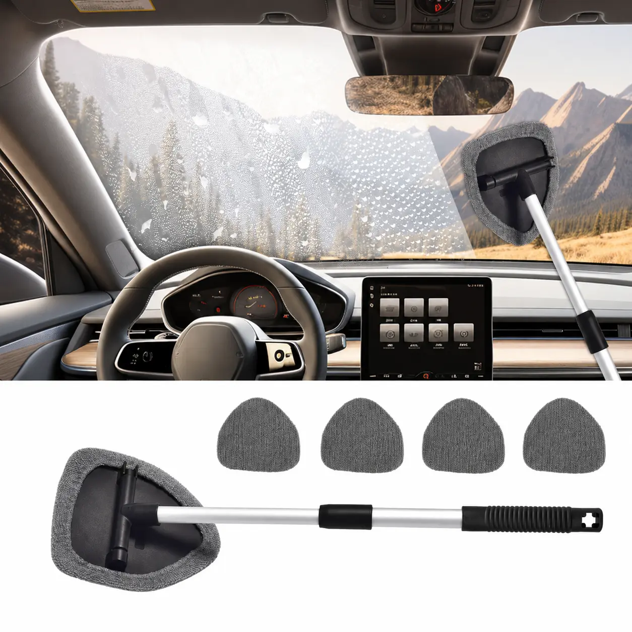 Multi-Functional Car Cleaning Products, Extendable Handle Car Glass Cleaning Kit, Windshield Cleaning Tool for Auto Interior Exterior Glass and Home Window Washing