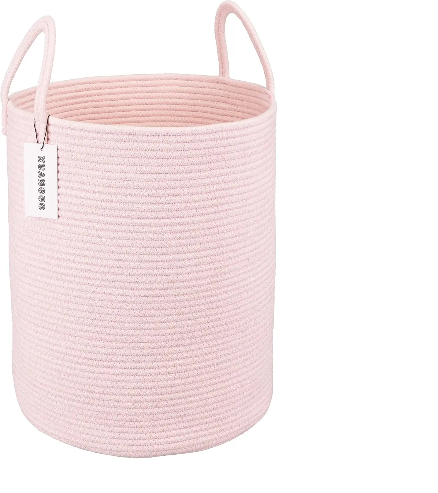 XUANGUO Cotton Rope Laundry Basket Hamper for Girls Kids Baby Nursery Pink | Large Nursery Hamper Bin and Woven Storage Basket for Living Room Girls Room Boho Tall Rope Baskets for Blankets Toys