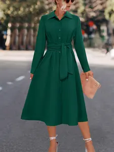 Autumn Winter Women's Solid Color Long Sleeve Tie Waist Shirt Dress