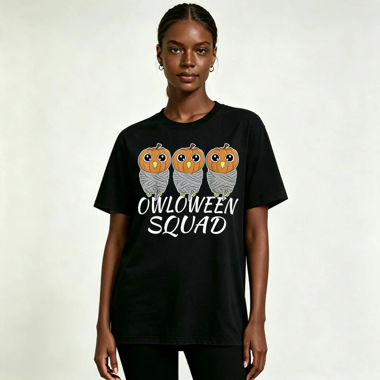 Men's Graphic T-Shirt Featuring "Owloween Squad" Halloween Owl Design Stylish Casual Tee Top for Fall Season Party Wear