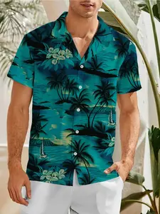 Men's Summer Cuban Collar Short Sleeve Shirt, Hawaiian Coconut Tree Print, Tropical, Casual Vacation Style, Loose Breathable Beach Shirt，Limited-time holiday offers, fast shipping