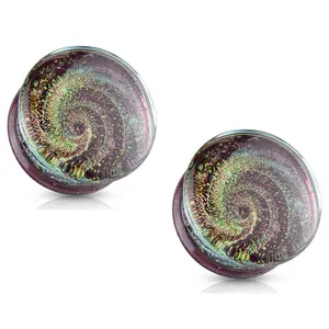 Purple Galaxy Sparkle Swirl Double Flared Glass Plugs  - Pair
