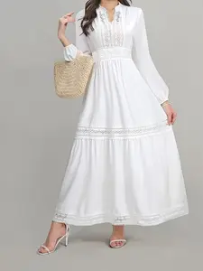 Trendy Lace Patchwork Hollow Out Maxi Dress, Solid Color Lantern Sleeve Fitted Long Dress, Elegant Women's Fashion for Spring & Fall, Womenswear