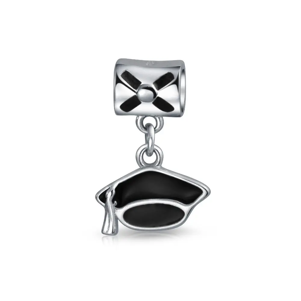 .925 Sterling Silver Personalize Oval Graduate Trencher Black Graduation Cap Dangle Charm Bead Student