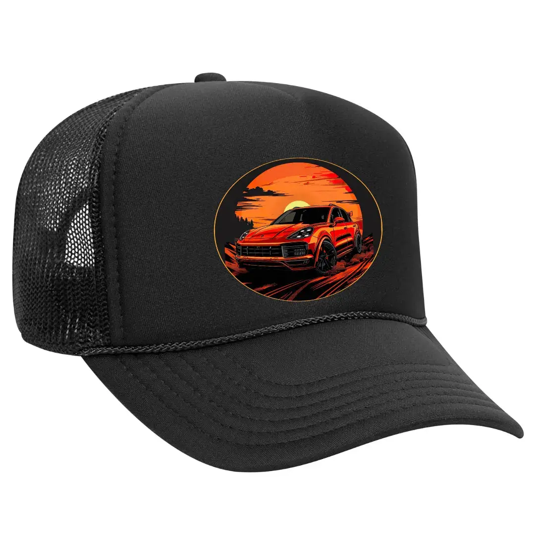Black Threadz Porsche Cayenne Graphic Trucker Baseball Cap - Mesh, Snap-Back, Adjustable, Unisex Fit Luxury SUV Enthusiast Accessory, Everyday Casual Car Item, Adjustable Back, Adjustable Snap, Casual Wear