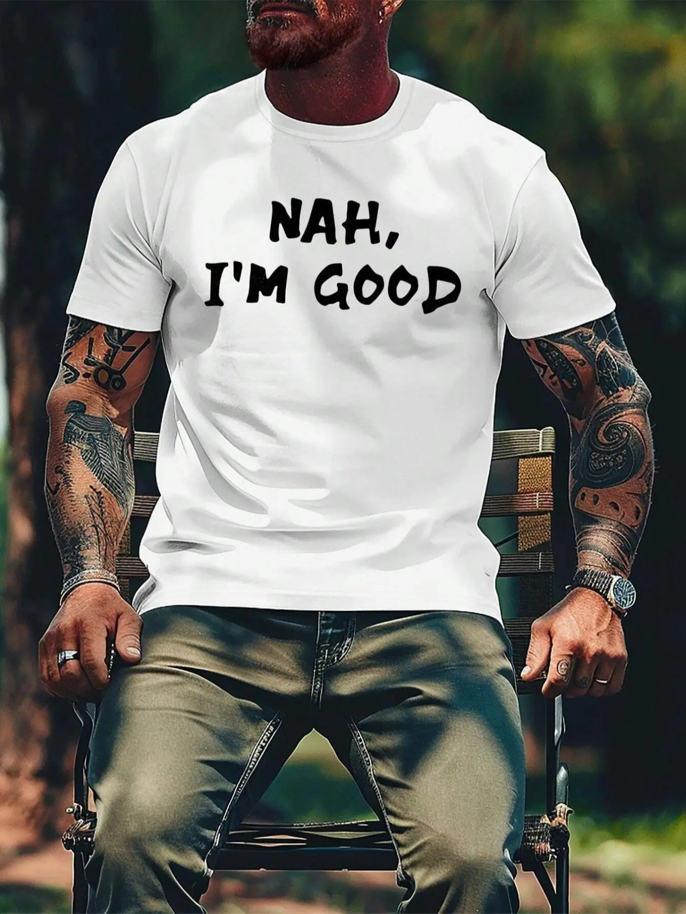 Men's "NAH, I'M GOOD" Letter Print Round Neck Tee, Regular Fit Short Sleeve Crew Neck T-shirt for Summer, Casual Men's Top for Daily Wear, Athletic T Shirt, Everyday Athletic Tee, Casual Sport Top, Casual Sports Tops