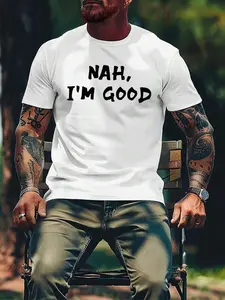 Men's "NAH, I'M GOOD" Letter Print Round Neck Tee, Regular Fit Short Sleeve Crew Neck T-shirt for Summer, Casual Men's Top for Daily Wear, Athletic T Shirt