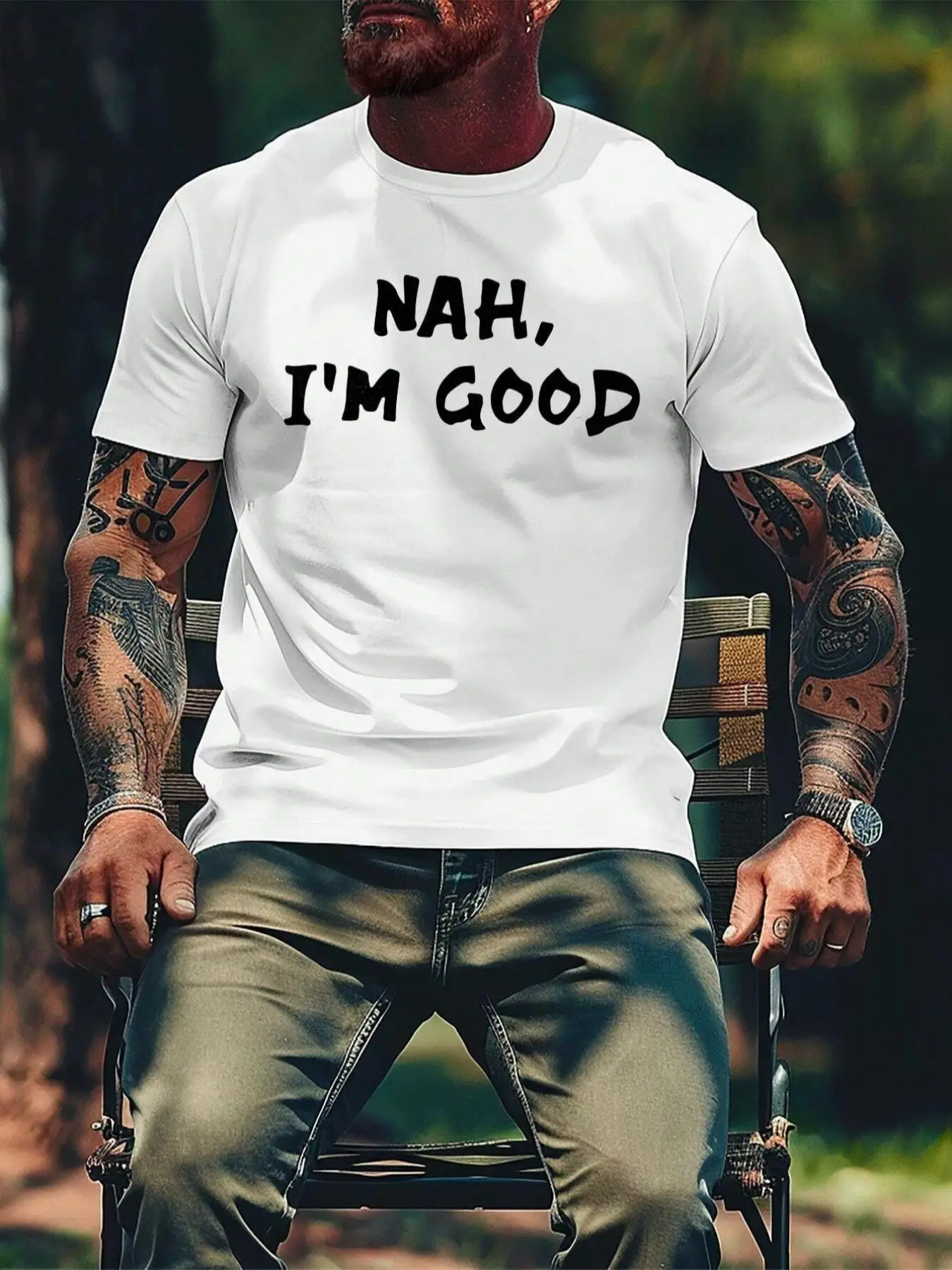 Men's "NAH, I'M GOOD" Letter Print Round Neck Tee, Regular Fit Short Sleeve Crew Neck T-shirt for Summer, Casual Men's Top for Daily Wear