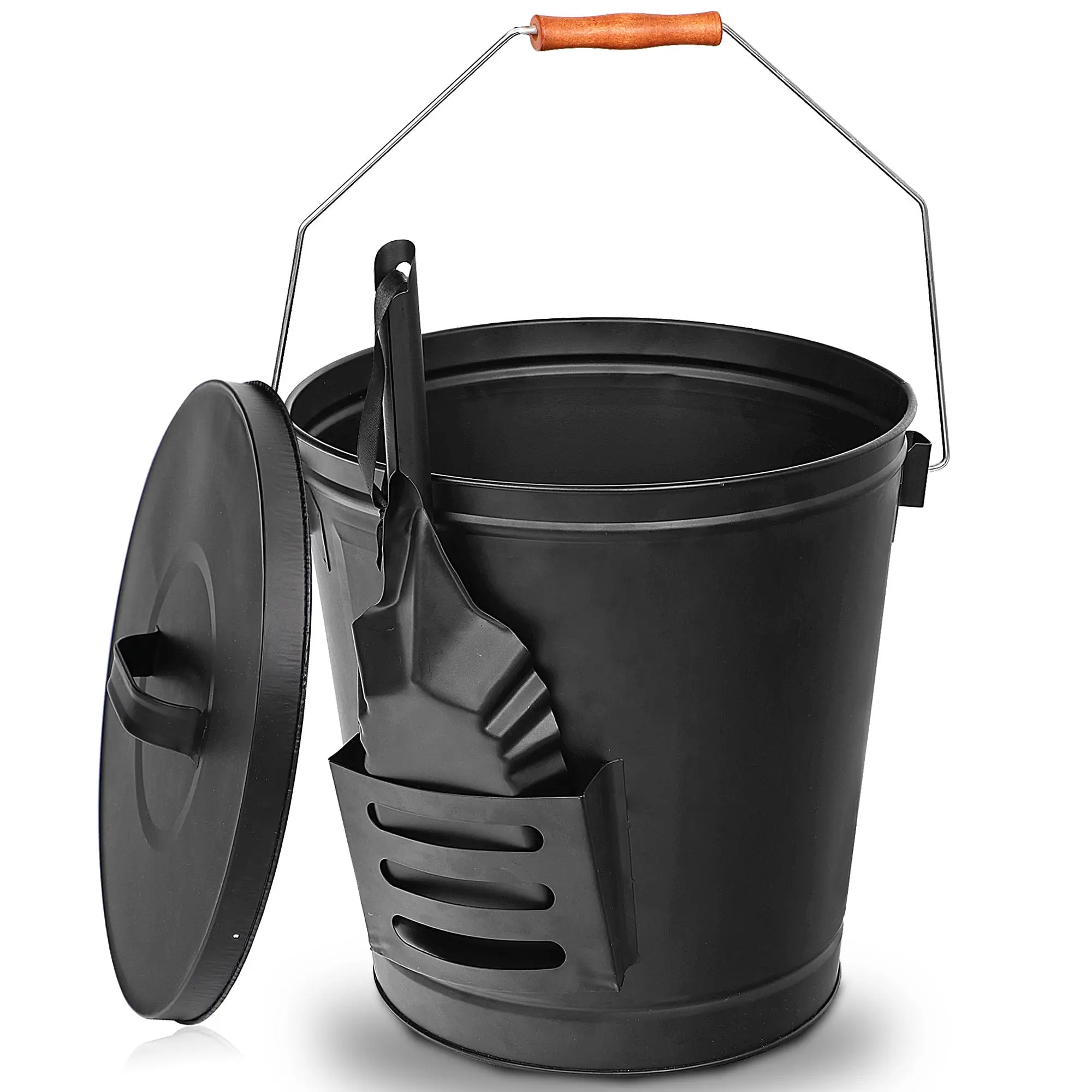 Segawe 5-Gal Steel Ash Bucket with Lid, Iron Shovel, Wooden Handle - Metal Camping Cleaning Tool for Home Wooden Fireplace, Outdoor Camping Pits, Container, Home Care, Household
