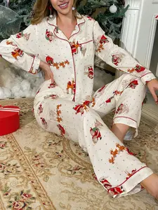 Cute Santa Claus and Reindeer Printed Homeewear Set, Women's Long Sleeve Sleepwear, Holiday for Photography and Relaxing