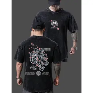 Men's Vintage Washed Heavyweight Cotton Oversized Short-Sleeve Tee - Darc Sport Wolves Cherry Blossom Graphic, Menswear Top, California Gym Apparel for Weightlifting, Street Style Casual Daily Wear Streetwear Tshirt Tropical Crewneck Wetsuit