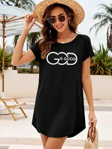 Minimal God Is Good Overlap Letter Faith Graphic Women Black Curved Hem Tunic Dress, Viral TikTok Christian Religious Quote Print Loose Comfort Daily Ladies Dress