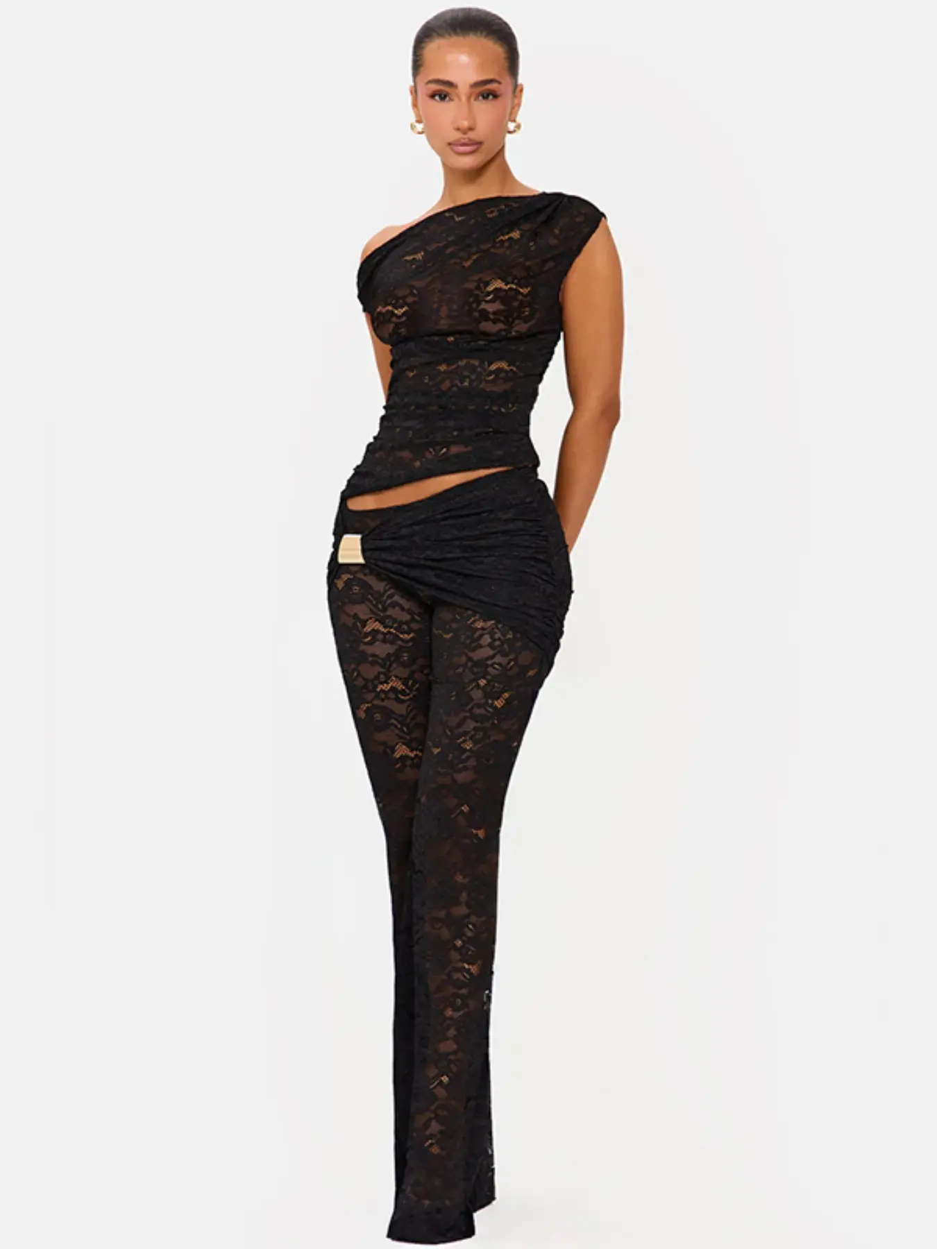 Women's Asymmetric One-Shoulder Crop Top & Lace Patch Metal Button Flare Pants Set, Fashion Chic Aesthetic Lace Sheer Series, Daily Wear, Date, Asymmetrical, Womenswear