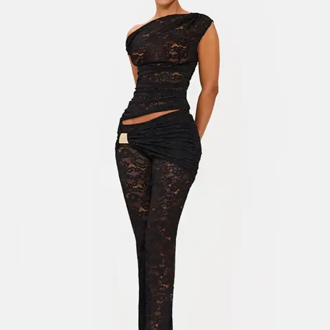 Women's Asymmetric One-Shoulder Crop Top and Lace Patch Metal Button Flare Pants Set Lace Sheer Series, Daily Wear, Date Outings, Outfit