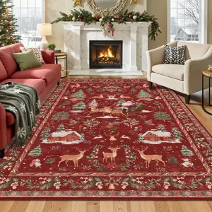 Christmas Tree Reindeer Snow House Print Carpet, Large Area Rug for Living Room Bedroom, Festive Decor, Non-Slip