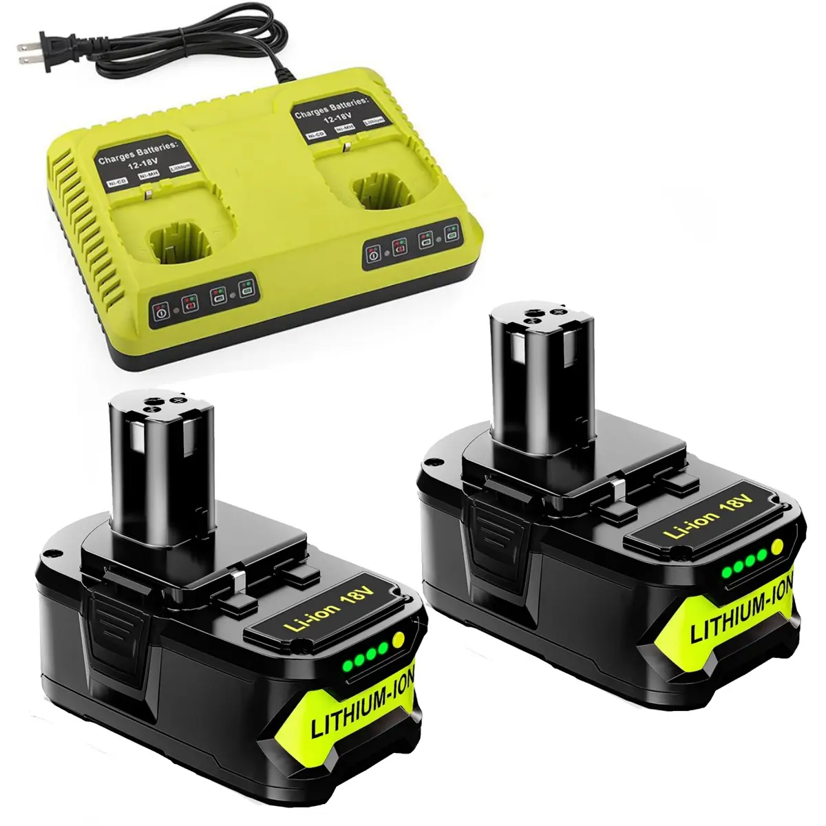 2-Pack 8000mAh P108 Compatible Replacement Batteries for Ryobi 18V Cordless Power Tools (P102, P103, P104, P105, P107, P109) + Ryobi P117 18V Dual Charger Set Kit