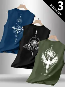 Men's Trendy Geometric Print Round Neck Sleeveless Vest Set, Casual Comfortable Top, Perfect for Summer Outdoor Fitness Wear