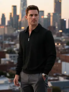 Men's autumn and winter thick-knit quarter zipper Polo shirt sweatshirt sweater, retro Polo style, regular cut, texture design, layering, suitable for daily casual, outdoor cocktail parties, light business style