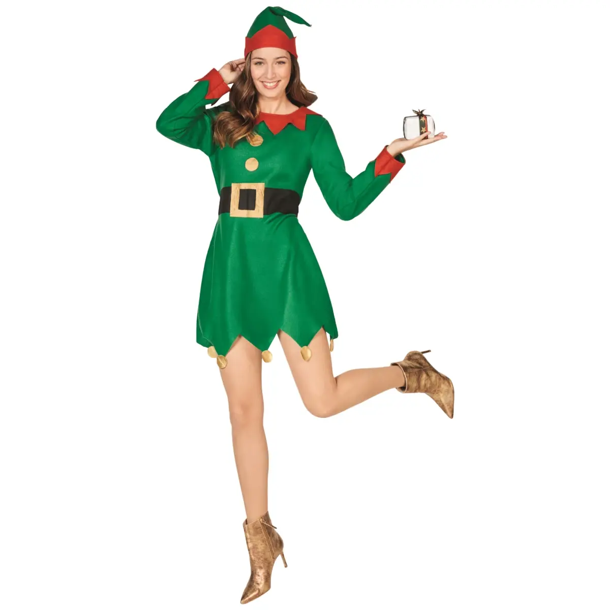 212 MAIN Lady's 2-Piece Red & Green Elf Costume Set - Small, Polyester Dress, Short Skirt, Hat, Elastic Silver Sleeves, Belt, Holiday Festive Look Dog & Cat Pet Clothing Accessories, Clothes, Christmas