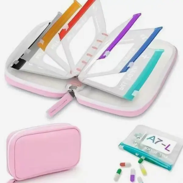 A8 Waterproof Pill Organizer Set - 14 Color-Coded Zippered Pouches, Large Reusable Weekly Travel Medicine Case for Vitamins, Fish Oil & Daily Essentials (Beach, Summer Use)