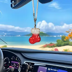 Christmas Sock Car Pendant, Crystal Xmas Tree Decor Car Rear View Mirror Hanging Ornament Diamond Interior Decorations