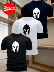 Men's Summer Short Sleeve T-Shirt Set, Moisture-Wicking, Helmet Print, Gym Wear, Casual, Loose Fit, All Seasons