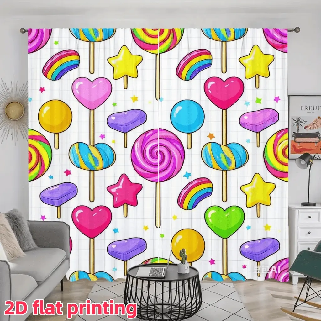 2D Flat 2Pcs Cartoon Lollipop Rainbow Candy Themed Window Curtain Panel, Rod Pocket Style, Semi Sunshade, Suitable for Home Living Room, Bedroom, Balcony, Kitchen, Study and Shower Decoration, Accessory, Anti Privacy.