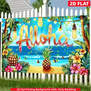 1PC 2D flat summer party background cloth Hawaii Aloha Luau theme party banner, polyester material cartoon pineapple string light design Hawaiian traditional banquet/birthday party/seaside event photo background Multiple sizes available Indoor and outdoor