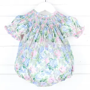 Sunny Days Floral Smocked Bishop Bubble - Girls Outfit with Pastel Spring Flowers