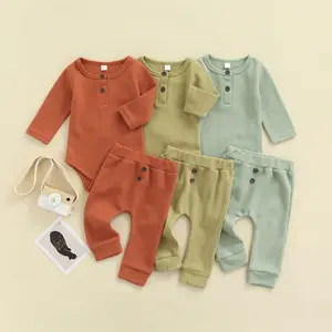 Ma&Baby Unisex Newborn Baby Boy Girl Clothes Set Infant Solid Waffle Long Sleeve Button Tops Elastic Pants Ribbed Outfit