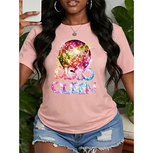 100% cotton women's short-sleeve top "DISCO QUEEN" with disco ball print, round neck, comfortable and soft, breathable, suitable for spring, summer, and autumn, versatile women's top
