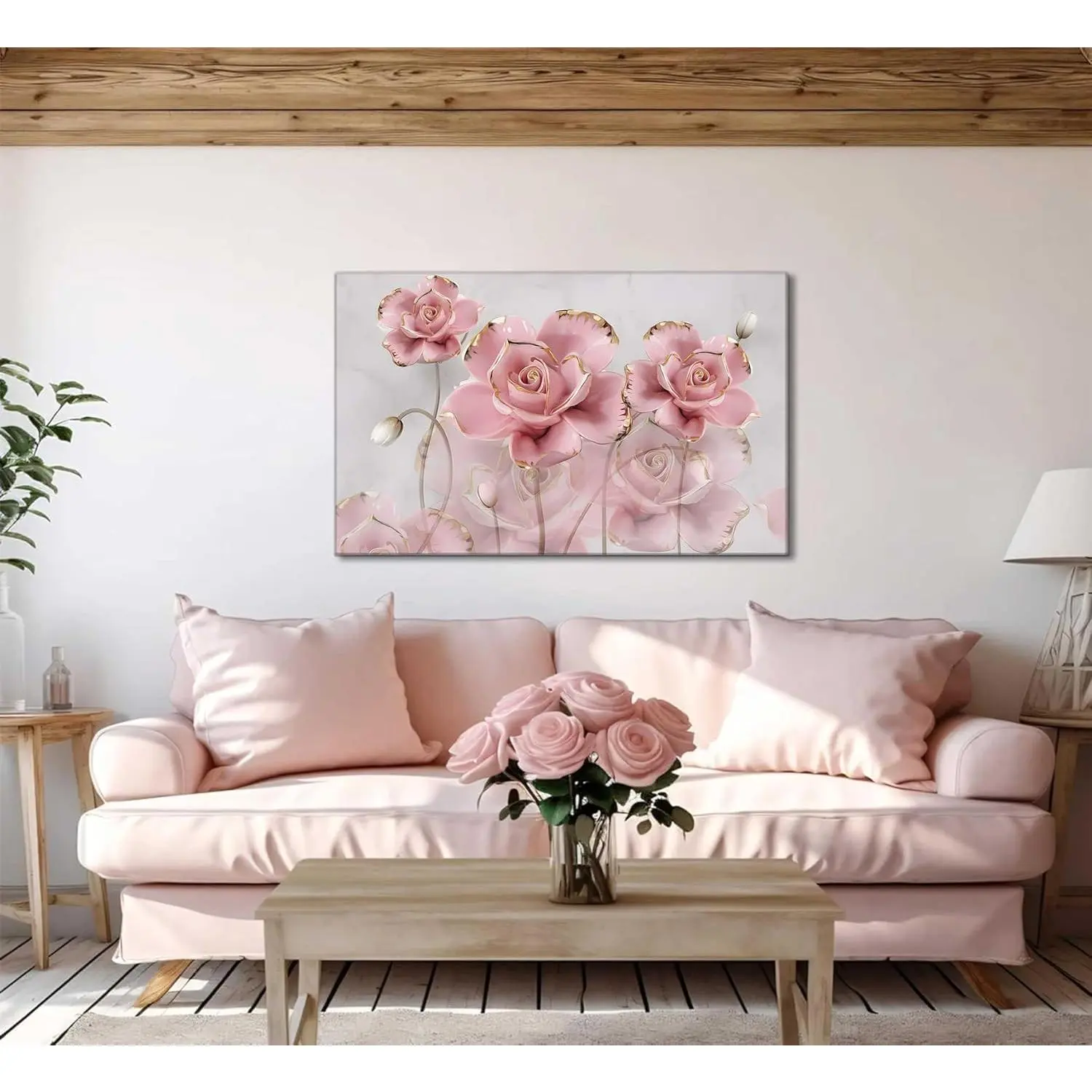 Pink Gold Roses Canvas Wall Art for Pink Bedroom, Decor Inspo – High-Quality Stretched Canvas with Wooden Frame, Waterproof HD Jet Print, Ready-to-Hang Home Decor for Flower Lovers (12x16/16x24/24x36 in)