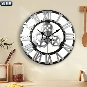 2D flat design. 1 piece set. Retro mechanical gear wall clock, silent decorative wall clock, creative wall clock, suitable for bedroom, living room, and office decoration, 25/30cm (excluding AA batteries), 2D flat version