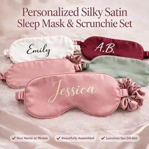 Taniri Women's Silky Satin Sleep Mask with Scrunchie Set - Customizable, Comfortable, Elastic Back, Hang-Dry Accessory, Bridesmaid Gift