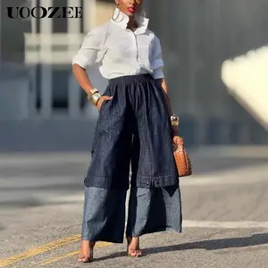 UOOZEE Cotton Elastic High Waisted Patchwork,straight leg women's wide leg denim pants, casual slim fit with pocket denim blue, simple daily women's pants