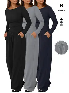 Women's 2 Piece Ribbed Knit Lounge Set, Long Sleeve Scoop Neck Top & Wide Leg Pants, Pockets, High Waist, All Season Comfort