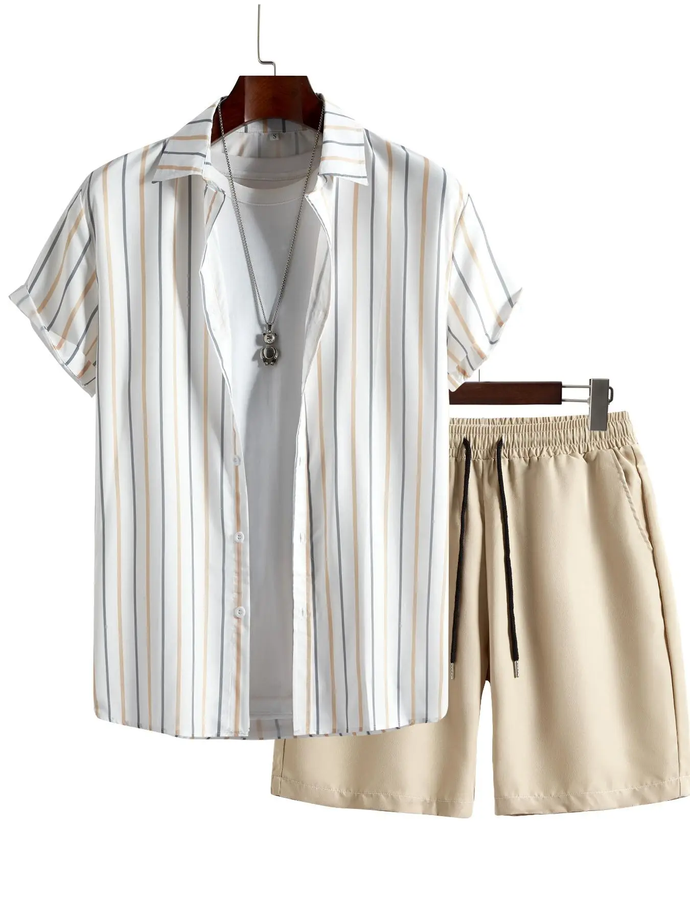 2 Pieces Men's Striped Short Sleeve Shirt & Drawstring Waist Shorts Set, Streetwear Button Collar Shirts & Shorts Set, Summer Casual Men's Clothes Set